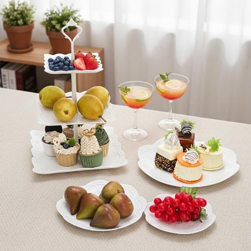 3 Pack 3 Tiers White Plastic Cupcake Stand Dessert Stand Tiered Serving Trays - Round, Square, Flower in White, alternate