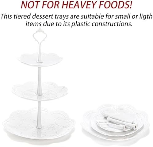 3 Pack 3 Tiers White Plastic Cupcake Stand Dessert Stand Tiered Serving Trays - Round, Square, Flower in White, alternate