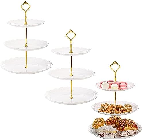 3 Pack 3 Tiers White Plastic Cupcake Stand Dessert Stand Tiered Serving Trays, Embossed Party Serving Trays