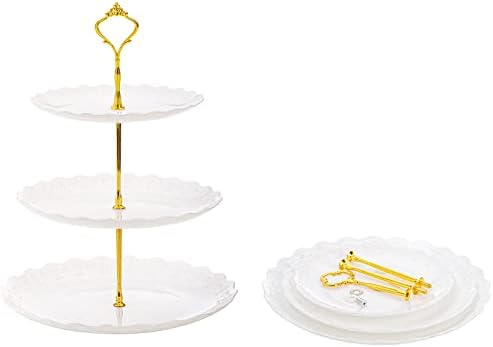 3 Pack 3 Tiers White Plastic Cupcake Stand Dessert Stand Tiered Serving Trays, Embossed Party Serving Trays, alternate view 5