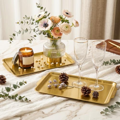 3 Pack 304 Stainless Steel Serving Platters, 12.6" Rectangle Metal Dinner Plates with Handles, Decorative, alternate view 2
