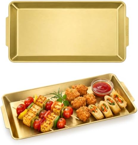 3 Pack 304 Stainless Steel Serving Platters, 12.6" Rectangle Metal Dinner Plates with Handles, Decorative, alternate view 4