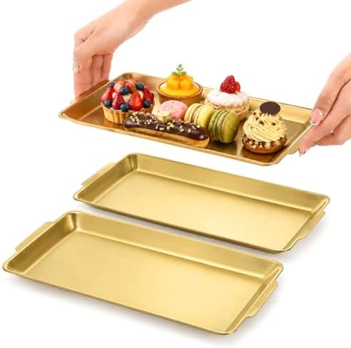 3 Pack 304 Stainless Steel Serving Platters, 12.6" Rectangle Metal Dinner Plates with Handles, Decorative, alternate view 5