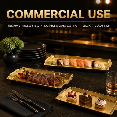3 Pack 304 Stainless Steel Serving Platters, 12.6" Rectangle Metal Dinner Plates with Handles, Decorative, alternate view 6