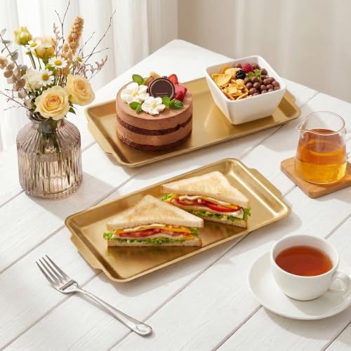 3 Pack 304 Stainless Steel Serving Platters, 12.6" Rectangle Metal Dinner Plates with Handles, Decorative, alternate view 7
