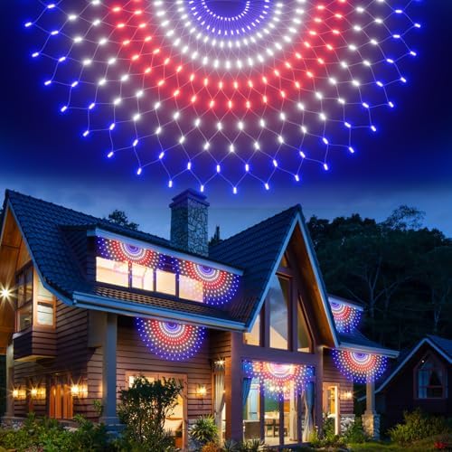 3 Pack 450 LED American Flag Bunting Flags Lights - Super Bright Waterproof USA String Lights for Patriotic