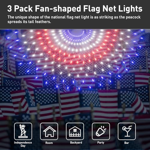 3 Pack 450 LED American Flag Bunting Flags Lights - Super Bright Waterproof USA String Lights for Patriotic, alternate view 2