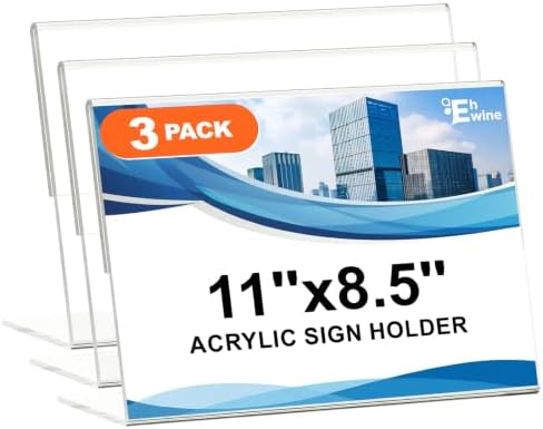 3 Pack 8.5 x 11 Acrylic Sign Holder Horizontal, Clear Plastic Signs Display Stand, Slanted Back Paper Holder