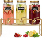 3 Pack 80 oz Glass Beverage Dispenser with Stand, Gold in Gold