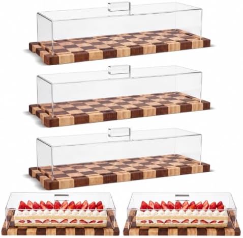 3 Pack Acacia Wood Checkerboard Cake Stand Serving Tray with Acrylic Lid, 15 x 6 x 4 Inches Charcuterie Table