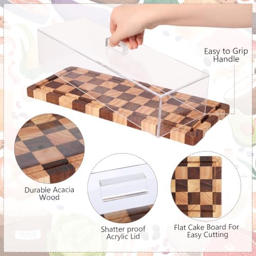 3 Pack Acacia Wood Checkerboard Cake Stand Serving Tray with Acrylic Lid, 15 x 6 x 4 Inches Charcuterie Table, alternate view
