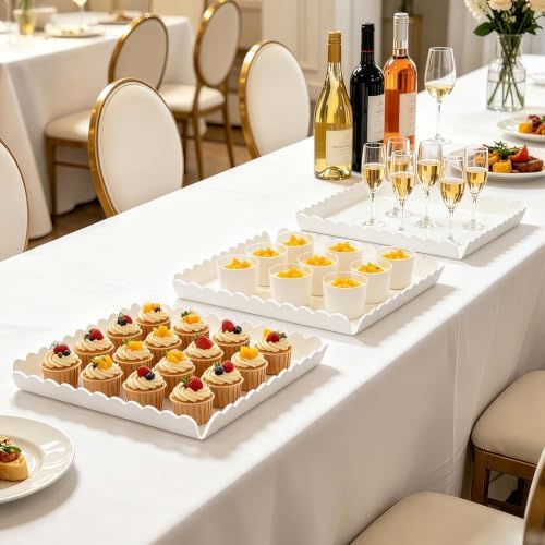 3 Pack Acrylic Serving Trays, 11.6 x 11.6 Inch Scalloped Serving Platter for Food Coffee Fruit, Glossy White, alternate view