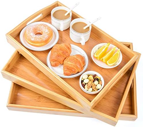 3 Pack Bamboo Serving Trays with Handles, Wooden Food Trays (Beige) in Beige
