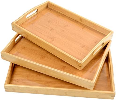3 Pack Bamboo Serving Trays with Handles, Wooden Food Trays (Beige) in Beige, alternate view 4