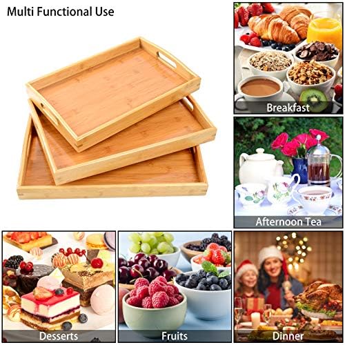 3 Pack Bamboo Serving Trays with Handles, Wooden Food Trays (Beige) in Beige, alternate view 5