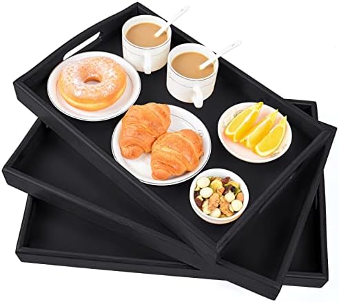 3 Pack Bamboo Serving Trays with Handles, Wooden Food Trays (Black in Black