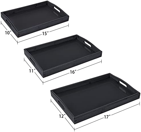 3 Pack Bamboo Serving Trays with Handles, Wooden Food Trays (Black in Black, alternate view 3