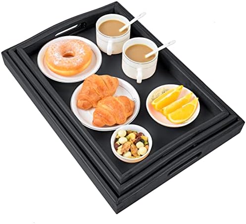 3 Pack Bamboo Serving Trays with Handles, Wooden Food Trays (Black in Black, alternate view 4