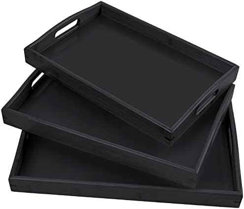 3 Pack Bamboo Serving Trays with Handles, Wooden Food Trays (Black in Black, alternate view 5