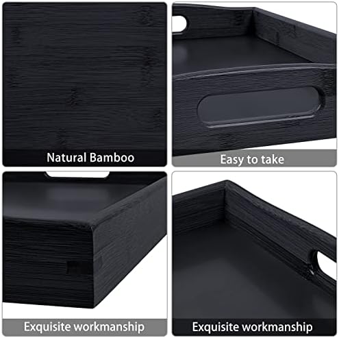 3 Pack Bamboo Serving Trays with Handles, Wooden Food Trays (Black in Black, alternate view 6