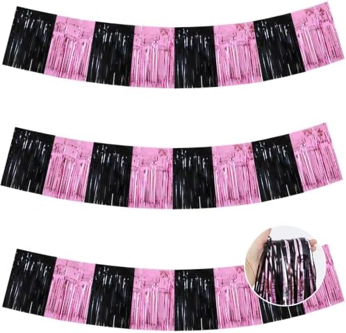 3 Pack Black Pink Foil Fringe Garland 30ft Wall Tinsel Banner in Black Pink