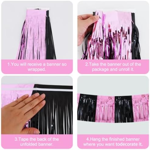3 Pack Black Pink Foil Fringe Garland 30ft Wall Tinsel Banner in Black Pink, alternate view 2