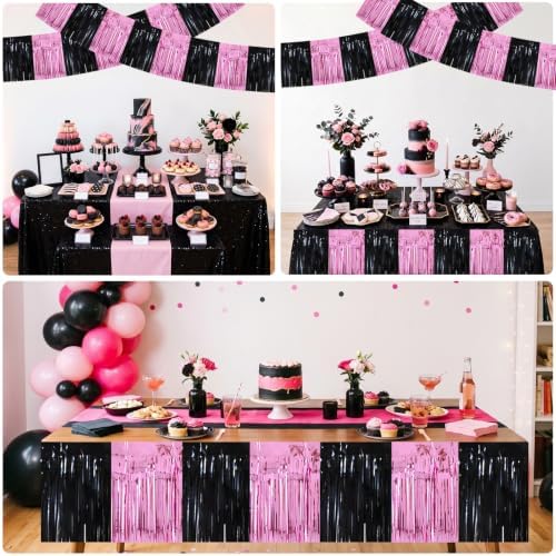 3 Pack Black Pink Foil Fringe Garland 30ft Wall Tinsel Banner in Black Pink, alternate view 4