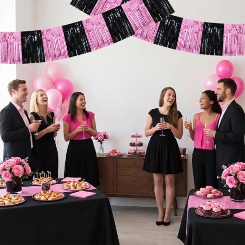 3 Pack Black Pink Foil Fringe Garland 30ft Wall Tinsel Banner in Black Pink, alternate view 6