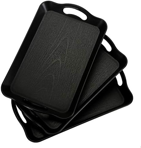 3 Pack Black Plastic Serving Trays with Handles, 16" x 11" in 16 x 11IN in Black