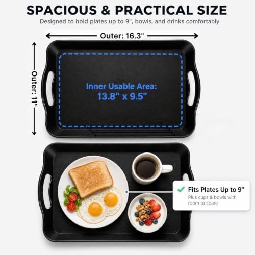 3 Pack Black Plastic Serving Trays with Handles, 16" x 11" in 16 x 11IN in Black, alternate view 3