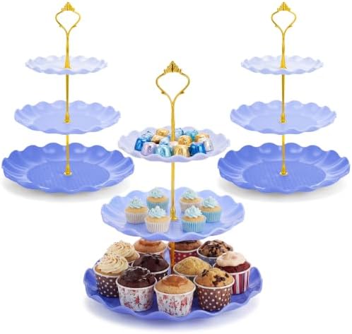 3 Pack Blue Cupcake Stands, Round 3-Tier Gradient Serving Tray, Plastic Dessert Table Display Tower for Wedding