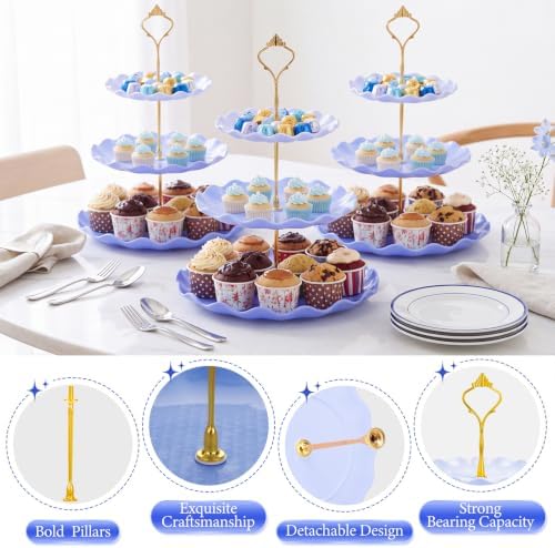 3 Pack Blue Cupcake Stands, Round 3-Tier Gradient Serving Tray, Plastic Dessert Table Display Tower for Wedding, alternate