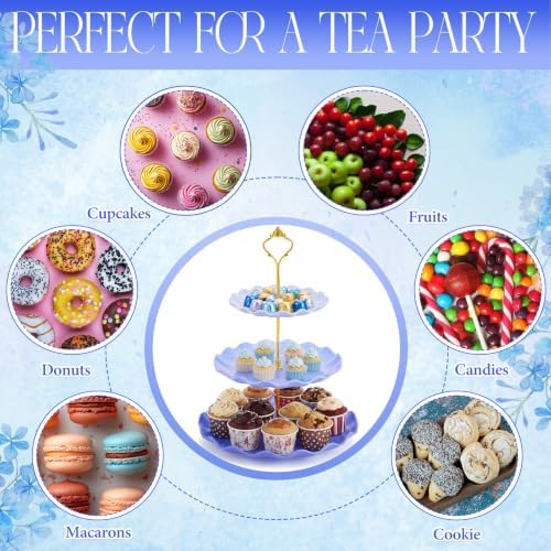 3 Pack Blue Cupcake Stands, Round 3-Tier Gradient Serving Tray, Plastic Dessert Table Display Tower for Wedding, alternate