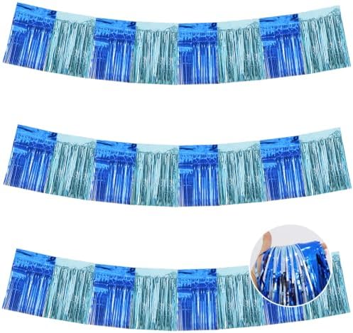 3 Pack Blue Light Blue Foil Fringe Garland 30ft Wall Tinsel Banner in Blue Light Blue