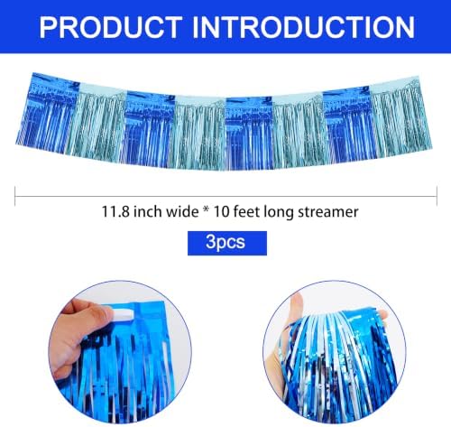 3 Pack Blue Light Blue Foil Fringe Garland 30ft Wall Tinsel Banner in Blue Light Blue, alternate view 2