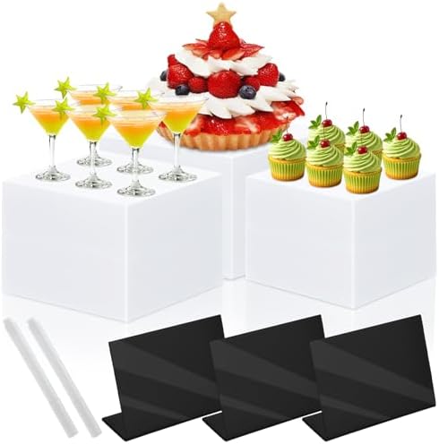 3 Pack Buffet Risers with 3 Signs and 2 Pen, White Food Risers for Buffet Table, Food Display Risers for Party