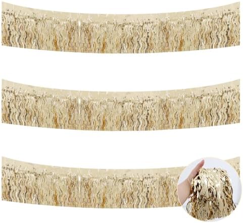 3 Pack Champagne Wavy Foil Fringe Garland 30ft Tinsel Wall Decor in Wavy Champagne Gold