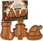 3 Pack Christmas Serving Trays, Tree, Stocking & Santa Hat Shaped Platters in 3-piece Set in Natural Wood Brown