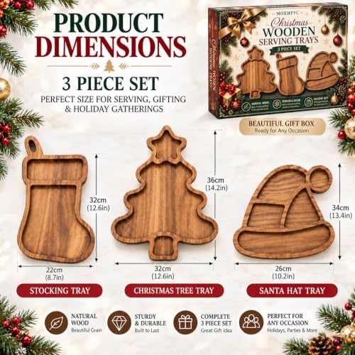 3 Pack Christmas Serving Trays, Tree, Stocking & Santa Hat Shaped Platters in 3-piece Set in Natural Wood Brown, alternate