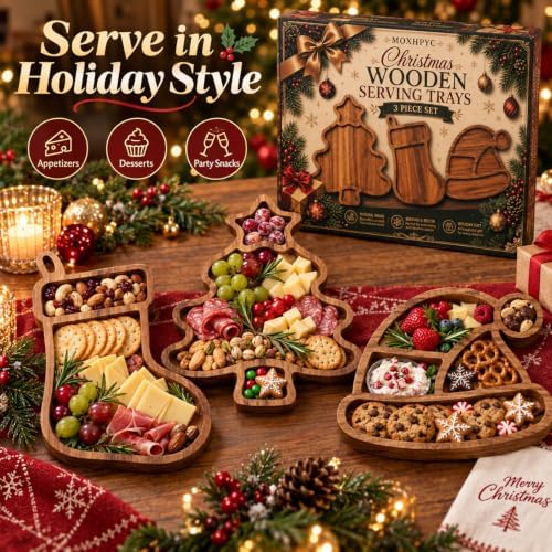 3 Pack Christmas Serving Trays, Tree, Stocking & Santa Hat Shaped Platters in 3-piece Set in Natural Wood Brown, alternate