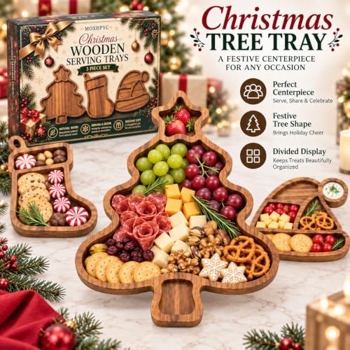 3 Pack Christmas Serving Trays, Tree, Stocking & Santa Hat Shaped Platters in 3-piece Set in Natural Wood Brown, alternate