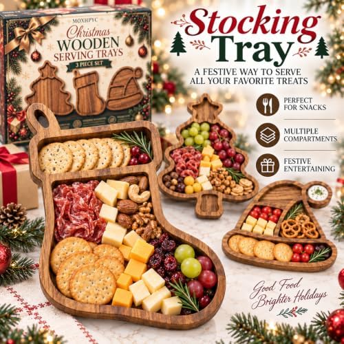 3 Pack Christmas Serving Trays, Tree, Stocking & Santa Hat Shaped Platters in 3-piece Set in Natural Wood Brown, alternate