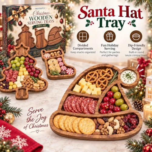 3 Pack Christmas Serving Trays, Tree, Stocking & Santa Hat Shaped Platters in 3-piece Set in Natural Wood Brown, alternate