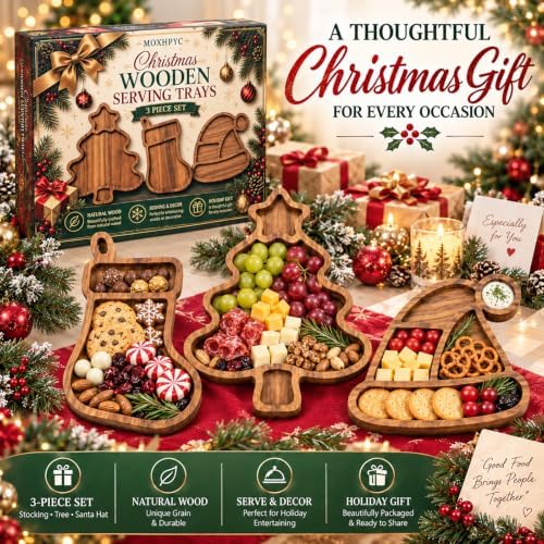 3 Pack Christmas Serving Trays, Tree, Stocking & Santa Hat Shaped Platters in 3-piece Set in Natural Wood Brown, alternate