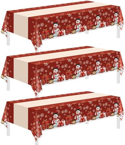 3 Pack Christmas Tablecloths, Disposable Plastic Tablecloths 54" x 108" Christmas Decorations, Xmas Snowman