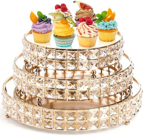 3 Pack Crystal Cake Display Stand with Mirror, 14" 12" 10" Metal Pedestal Gold Round Cake Plate Stand, Dessert