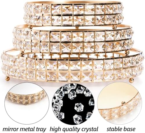3 Pack Crystal Cake Display Stand with Mirror, 14" 12" 10" Metal Pedestal Gold Round Cake Plate Stand, Dessert, alternate