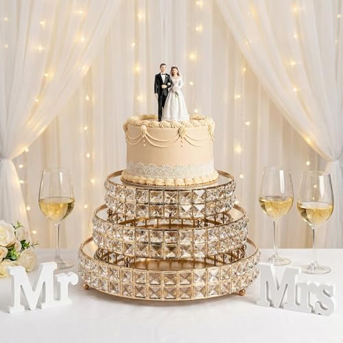 3 Pack Crystal Cake Display Stand with Mirror, 14" 12" 10" Metal Pedestal Gold Round Cake Plate Stand, Dessert, alternate