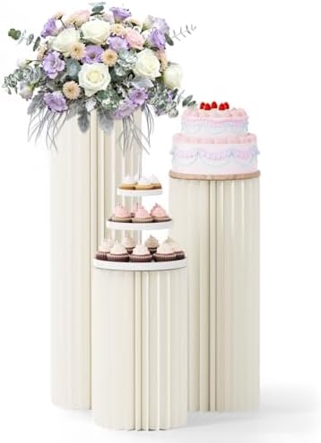 3 Pack Cylinder Stands for Party, Round Cake Pedestal Stands Foldable Buffet Food Risers White Cardboard