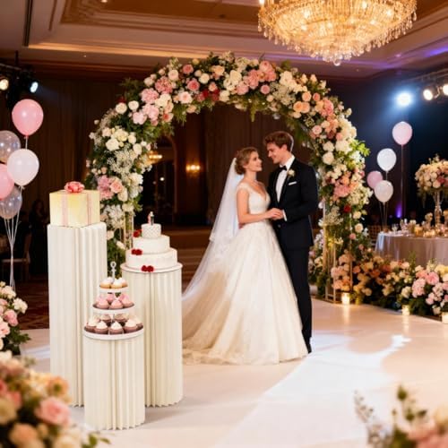 3 Pack Cylinder Stands for Party, Round Cake Pedestal Stands Foldable Buffet Food Risers White Cardboard, alternate view 2